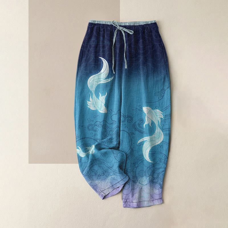 Buddha Stones Damesbroek van 100% Cotton katoen met elastische Taille en Zakken , met koi-visgolfpatroon. - Donkerblauw - US16, UK/AU20, EU48 (3XL) - image 0