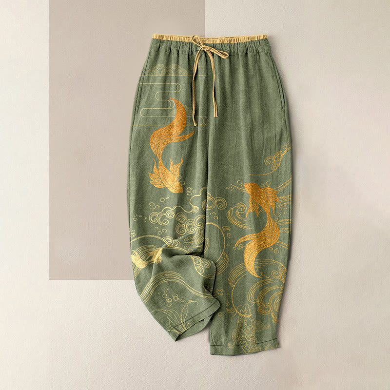 Buddha Stones Damesbroek van 100% Cotton katoen met elastische Taille en Zakken , met koi-visgolfpatroon. - Olijfgroen - US16, UK/AU20, EU48 (3XL) - image 1
