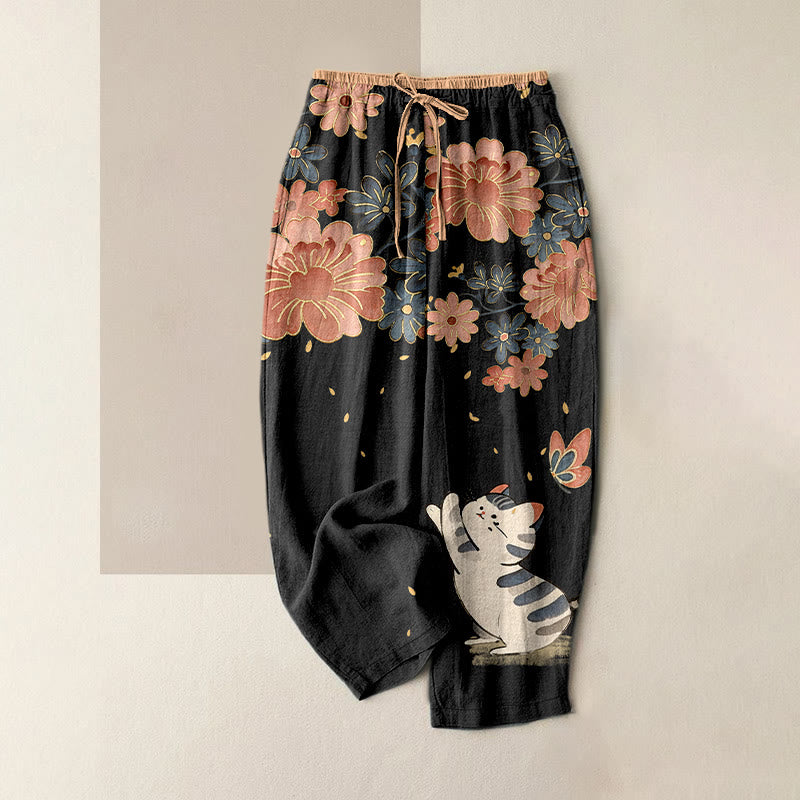 Buddha Stones Damesbroek van 100% Cotton met elastische Taille en Zakken , met katten-, vlinder- en roze bloesemprint. - Zwart - US16, UK/AU20, EU48 (3XL) - image 0
