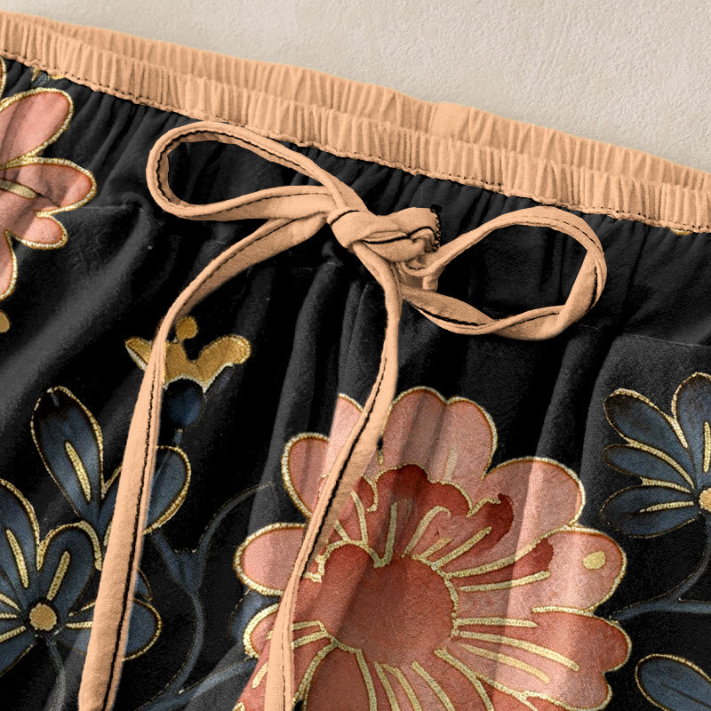 Buddha Stones Damesbroek van 100% Cotton met elastische Taille en Zakken , met katten-, vlinder- en roze bloesemprint. - image 1