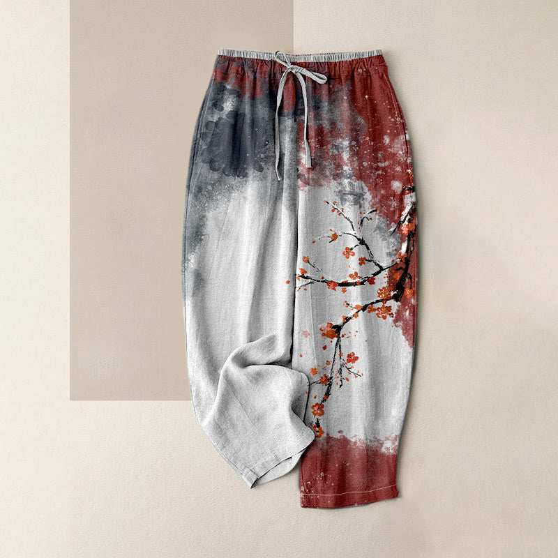 Buddha Stones Damesbroek van 100% Cotton met pruimenbloesem- en sneeuwprint, elastische Taille en Zakken. - Leigrijs - US16, UK/AU20, EU48 (3XL) - image 0