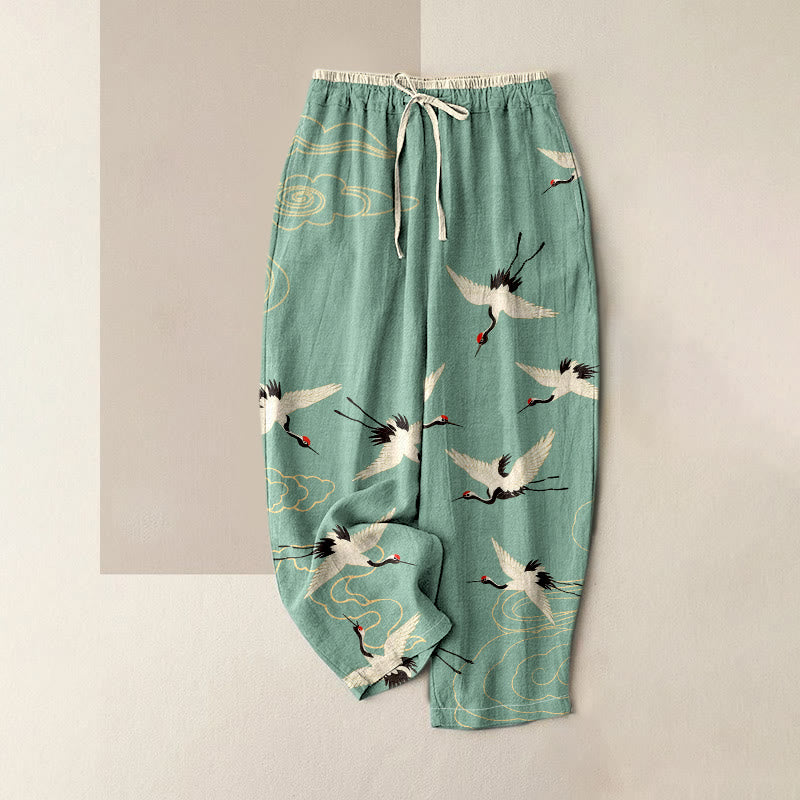 Buddha Stones Damesbroek van 100% Cotton met kraanvogel- en wolkenpatroon, elastische Taille en Zakken. - Lichtzeegroen - US16, UK/AU20, EU48 (3XL) - image 0