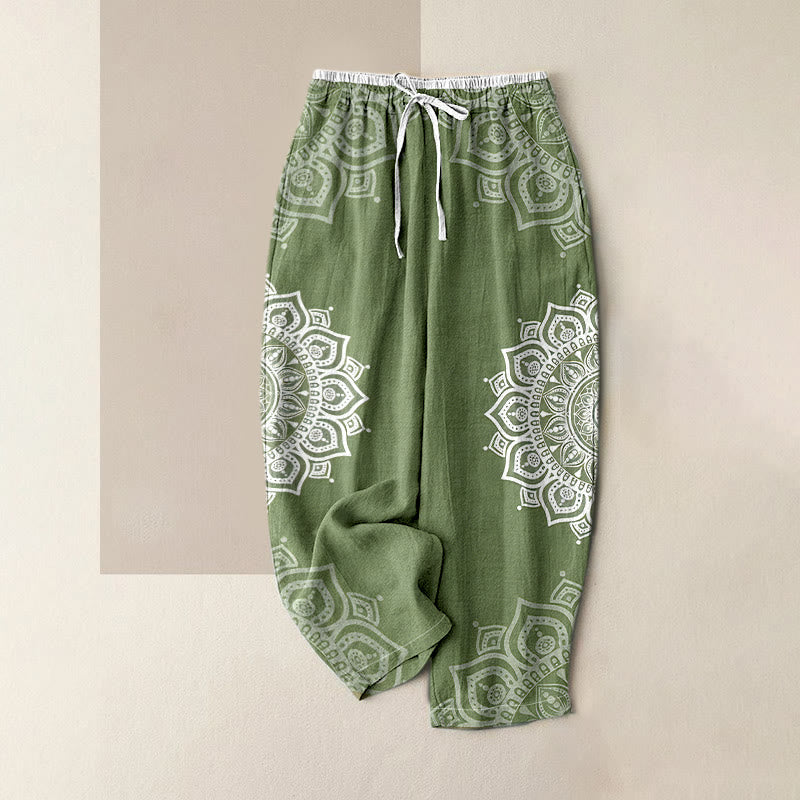 Buddha Stones Damesbroek van 100% Cotton met mandala-patroon, elastische Taille en Zakken. - Donkerzeegroen - US16, UK/AU20, EU48 (3XL) - image 6