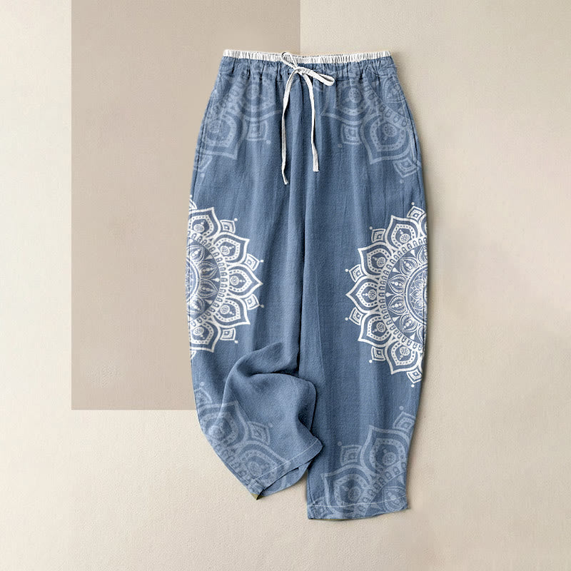 Buddha Stones Damesbroek van 100% Cotton met mandala-patroon, elastische Taille en Zakken. - Korenbloemblauw - US16, UK/AU20, EU48 (3XL) - image 3