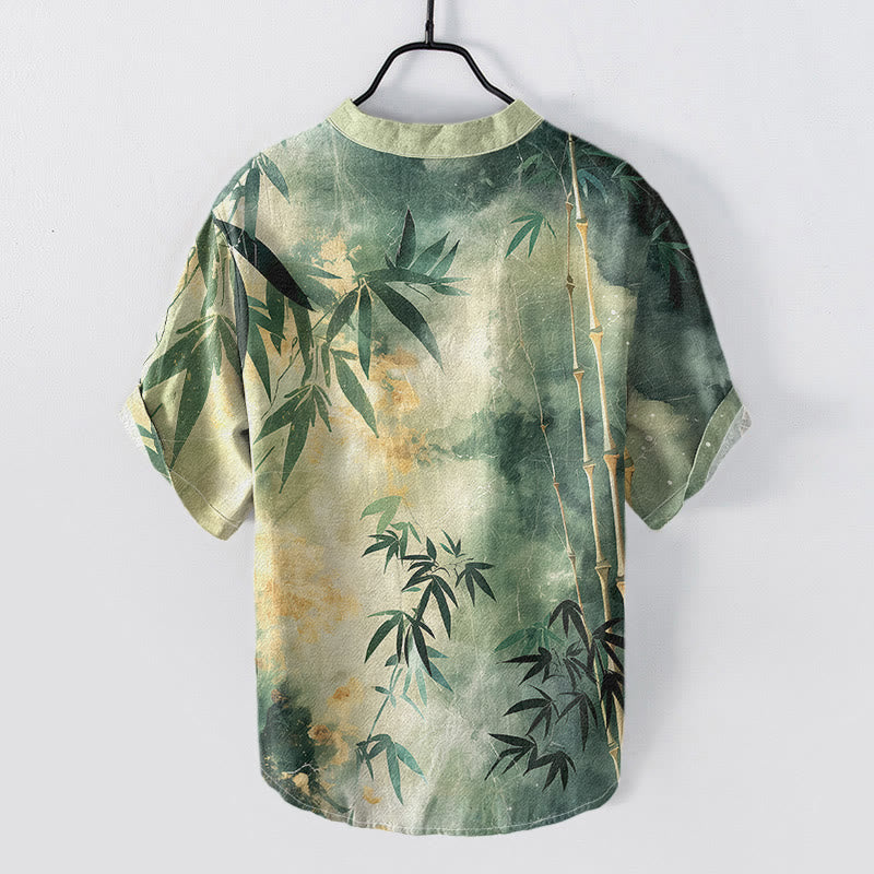 Buddha Stones Katoenen herenoverhemd met bamboeprint, Korte mouw en halve knoopsluiting. - image 1