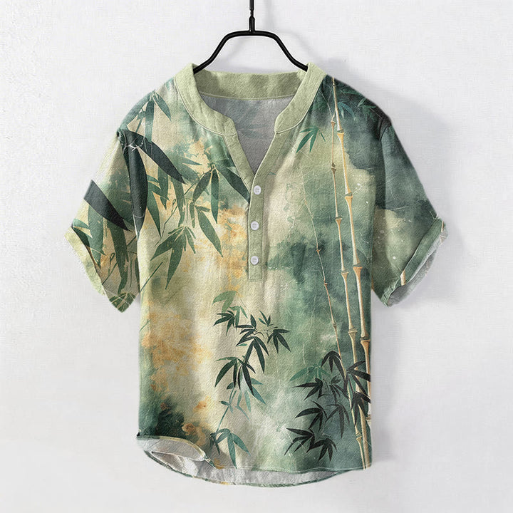 Buddha Stones Katoenen herenoverhemd met bamboeprint, Korte mouw en halve knoopsluiting. - image 0