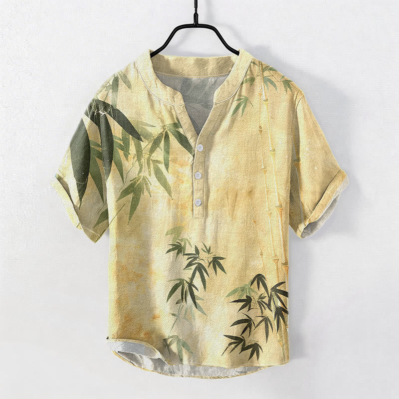 Buddha Stones Katoenen herenoverhemd met bamboeprint, Korte mouw en halve knoopsluiting. - Khaki - US/UK/AU50, EU60 (5XL) - image 6