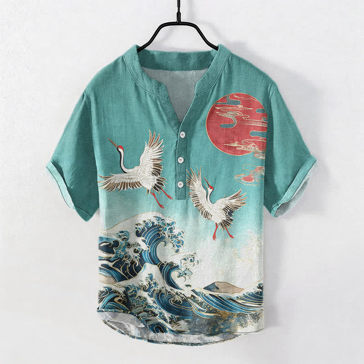 Buddha Stones Katoenen herenoverhemd met kraanvogel-, golf- en zonpatroon , Korte mouw en halve knoopsluiting. - CadetBlue - US/UK/AU50, EU60 (5XL) - image 7