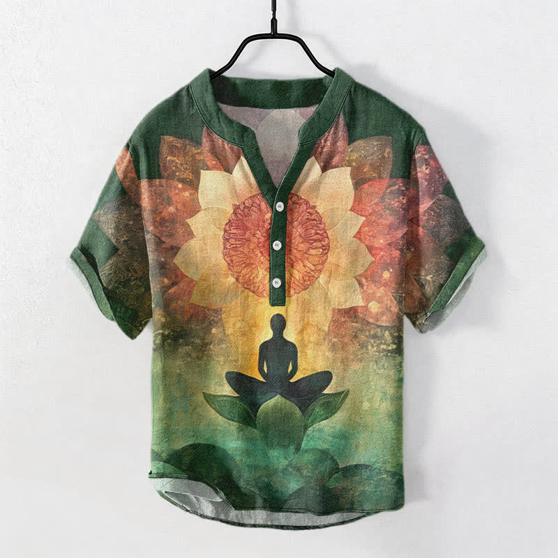Buddha Stones Katoenen herenoverhemd met Korte mouw en halfopen knoopsluiting, met patroon van een mediterende lotusbloem. - Zeegroen - US/UK/AU50, EU60 (5XL) - image 0