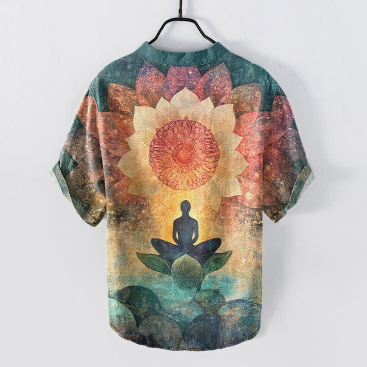 Buddha Stones Katoenen herenoverhemd met Korte mouw en halfopen knoopsluiting, met patroon van een mediterende lotusbloem. - image 8