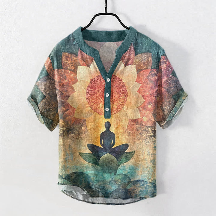 Buddha Stones Katoenen herenoverhemd met Korte mouw en halfopen knoopsluiting, met patroon van een mediterende lotusbloem. - Lichtzeegroen - US/UK/AU50, EU60 (5XL) - image 7