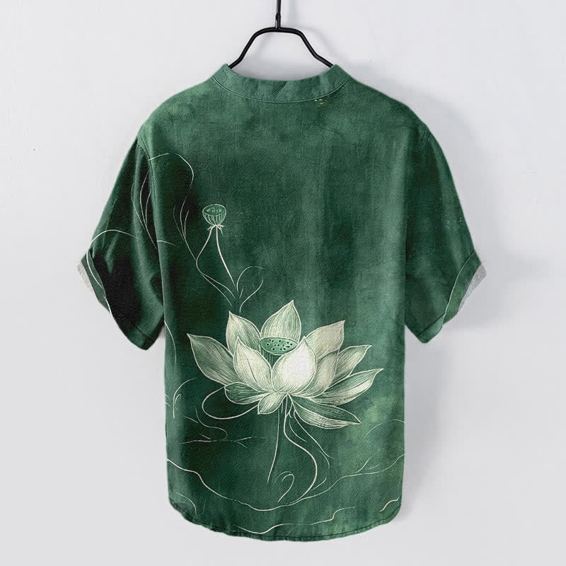 Buddha Stones Katoenen herenoverhemd met lotusmotief, Korte mouw en halve knoopsluiting. - image 1
