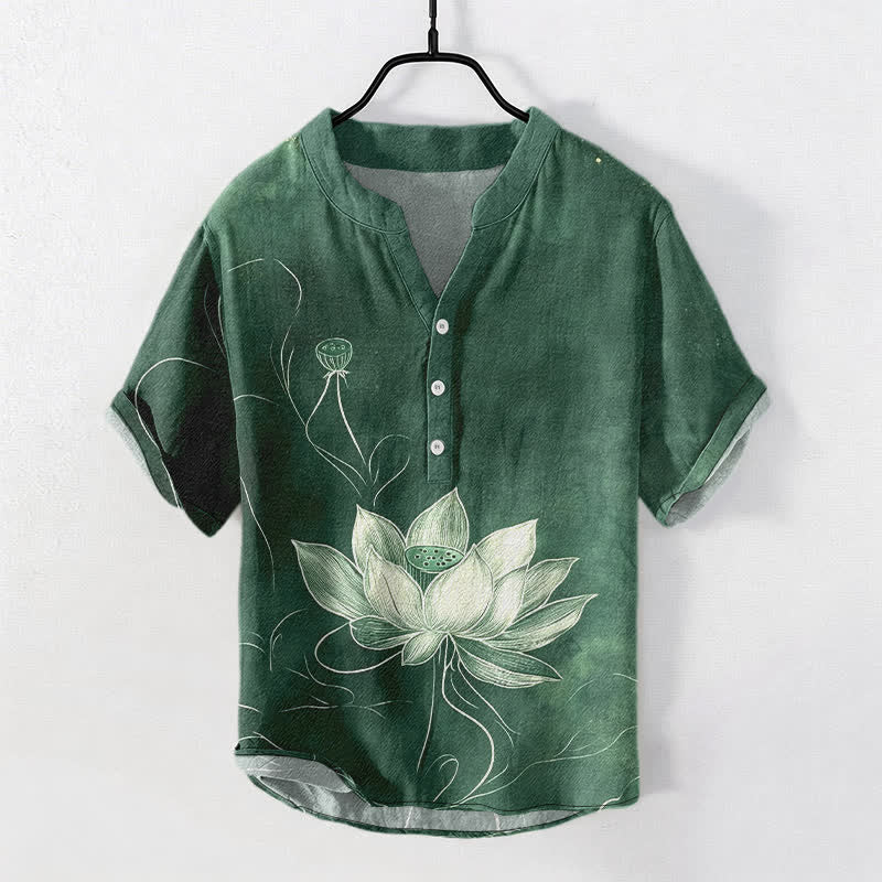 Buddha Stones Katoenen herenoverhemd met lotusmotief, Korte mouw en halve knoopsluiting. - Middelzeegroen - US/UK/AU50, EU60 (5XL) - image 0