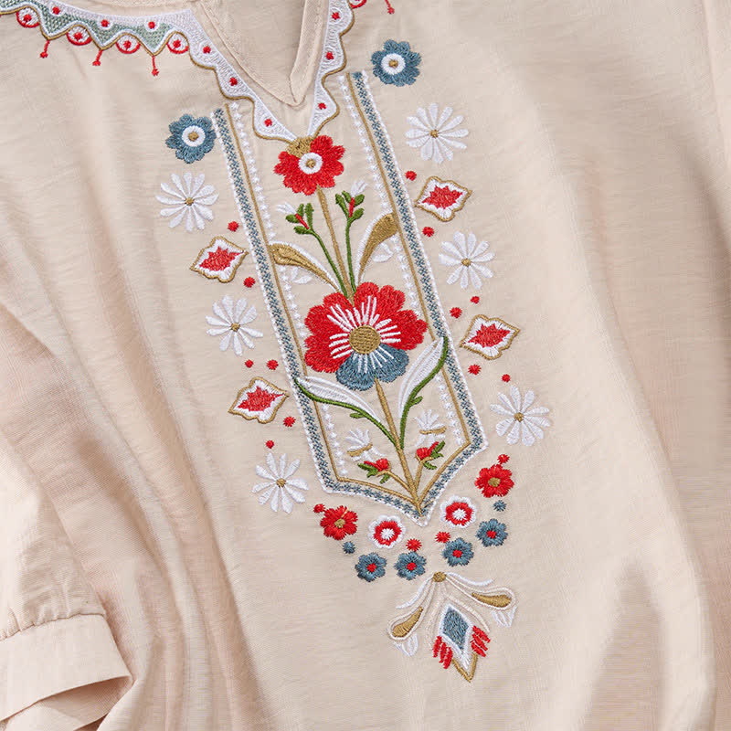 Buddha Stones Lente Boho Geborduurde T-shirts met Mouw tot de elleboog voor dames - image 16