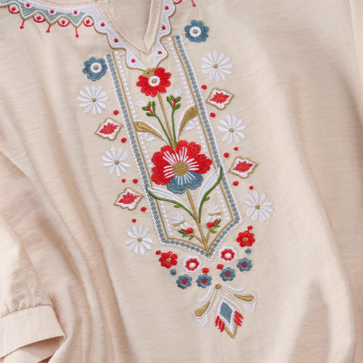 Buddha Stones Lente Boho Geborduurde T-shirts met Mouw tot de elleboog voor dames - image 16
