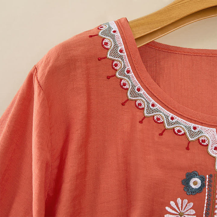 Buddha Stones Lente Boho Geborduurde T-shirts met Mouw tot de elleboog voor dames - image 3