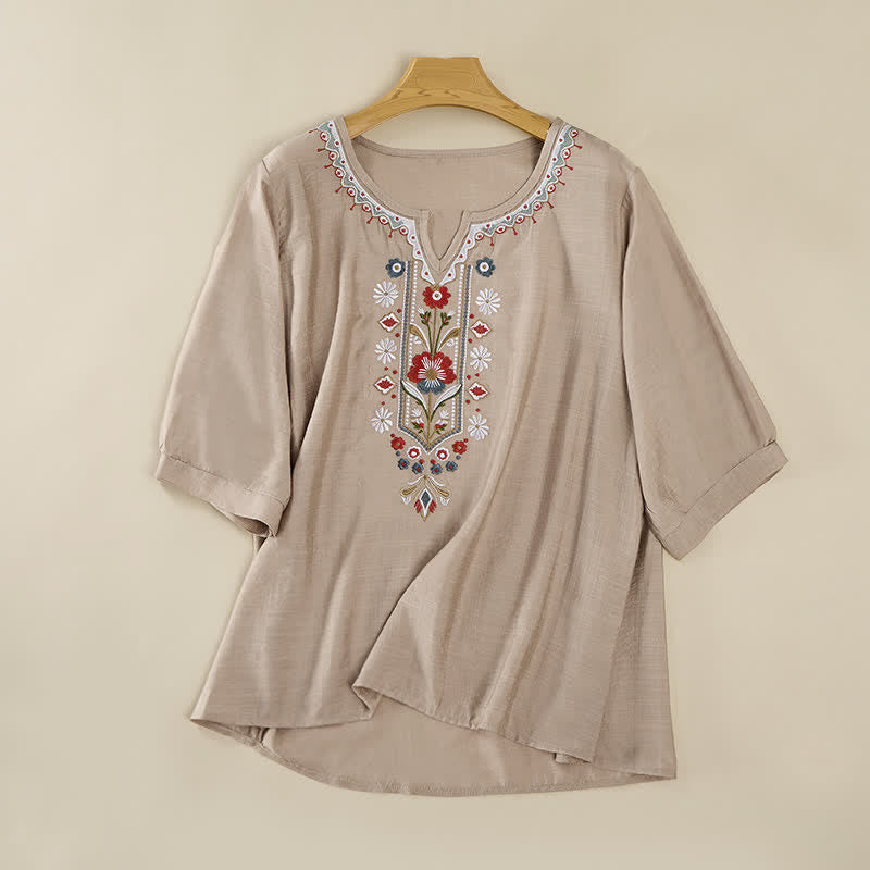 Buddha Stones Lente Boho Geborduurde T-shirts met Mouw tot de elleboog voor dames - Donker kaki - US16, UK/AU20, EU48 (3XL) - image 18