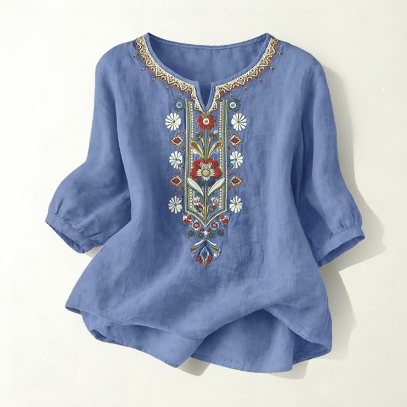 Buddha Stones Lente Boho Geborduurde T-shirts met Mouw tot de elleboog voor dames - Denimblauw - US16, UK/AU20, EU48 (3XL) - image 26