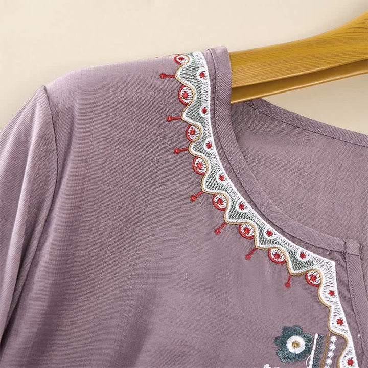 Buddha Stones Lente Boho Geborduurde T-shirts met Mouw tot de elleboog voor dames - image 10