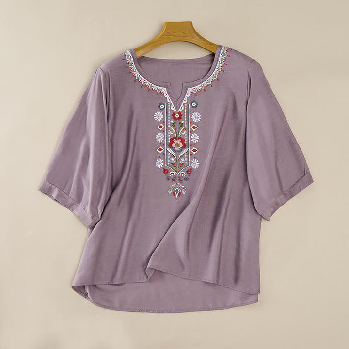 Buddha Stones Lente Boho Geborduurde T-shirts met Mouw tot de elleboog voor dames - image 7