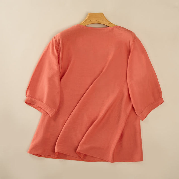 Buddha Stones Lente Boho Geborduurde T-shirts met Mouw tot de elleboog voor dames - image 1
