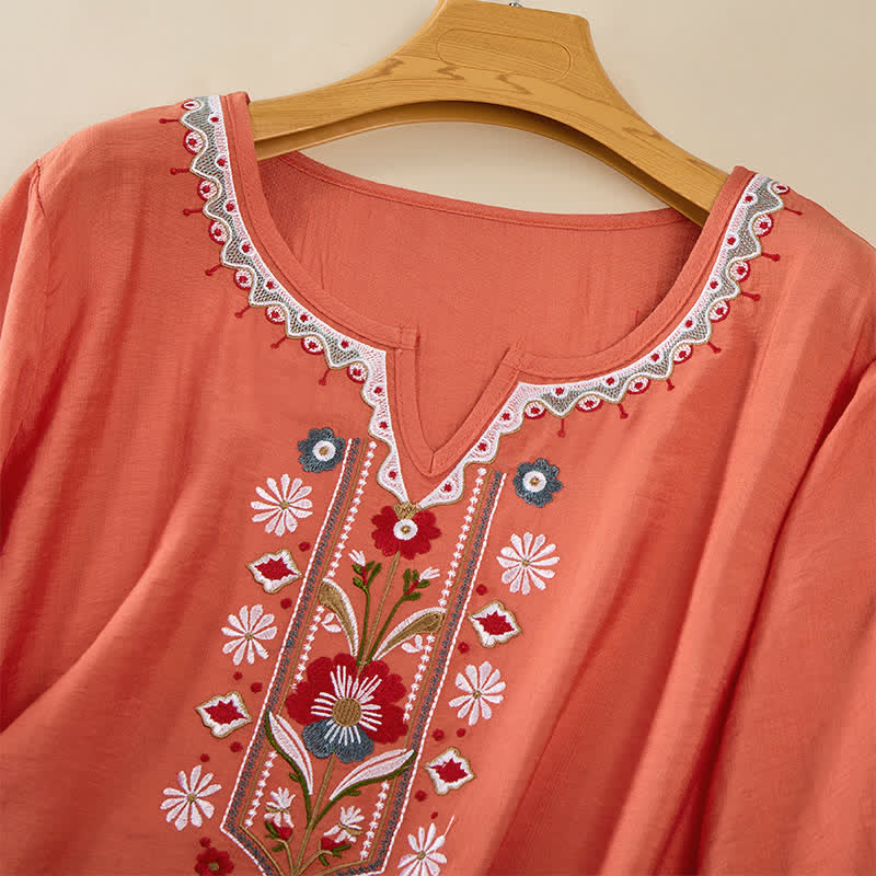 Buddha Stones Lente Boho Geborduurde T-shirts met Mouw tot de elleboog voor dames - image 2