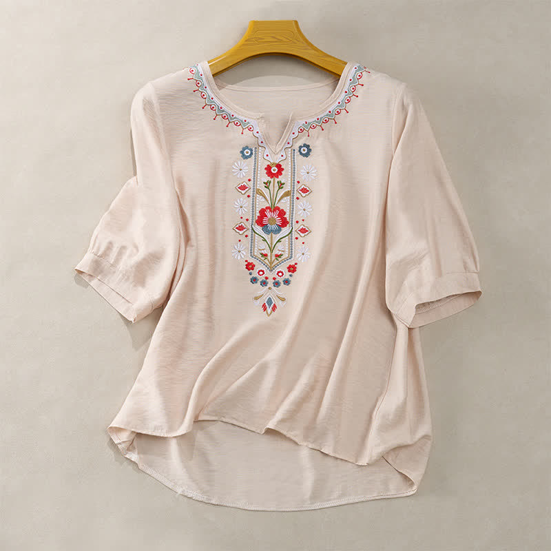 Buddha Stones Lente Boho Geborduurde T-shirts met Mouw tot de elleboog voor dames - Beige - US16, UK/AU20, EU48 (3XL) - image 13