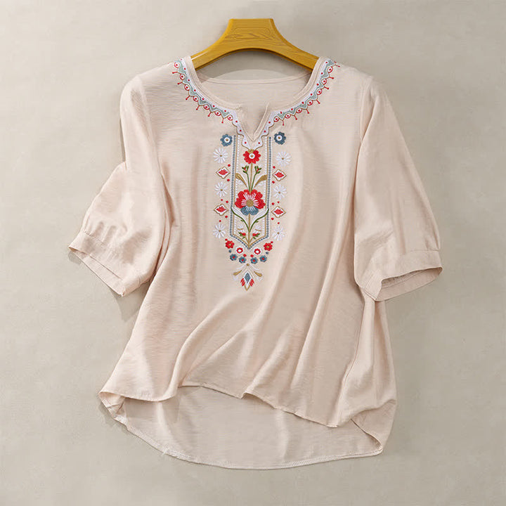 Buddha Stones Lente Boho Geborduurde T-shirts met Mouw tot de elleboog voor dames - Beige - US16, UK/AU20, EU48 (3XL) - image 13