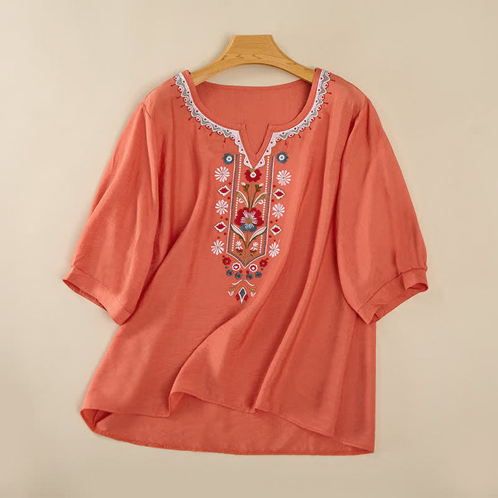 Buddha Stones Lente Boho Geborduurde T-shirts met Mouw tot de elleboog voor dames - Oranje - US16, UK/AU20, EU48 (3XL) - image 0