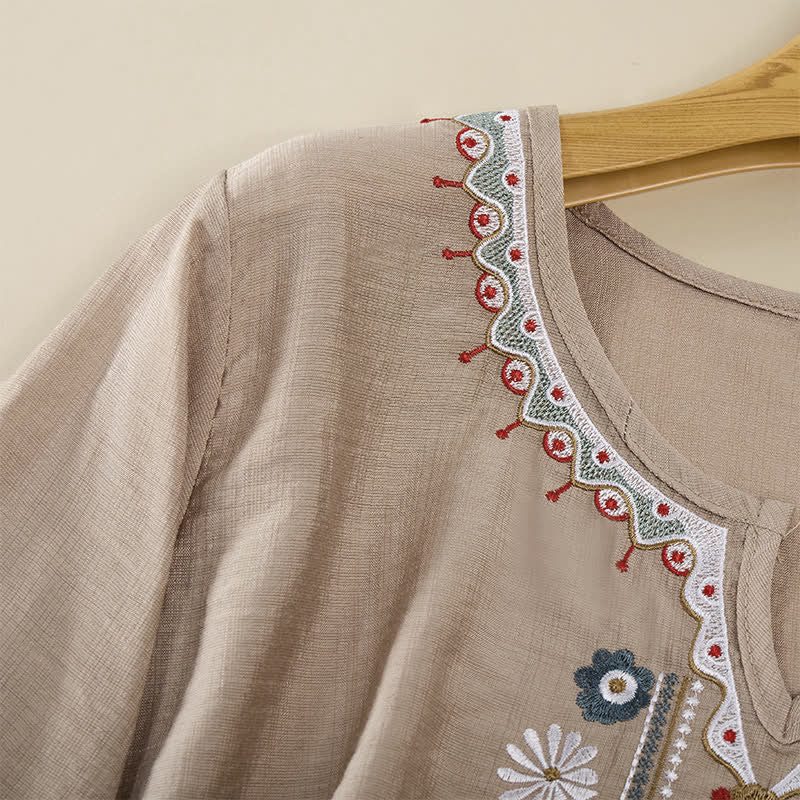 Buddha Stones Lente Boho Geborduurde T-shirts met Mouw tot de elleboog voor dames - image 21
