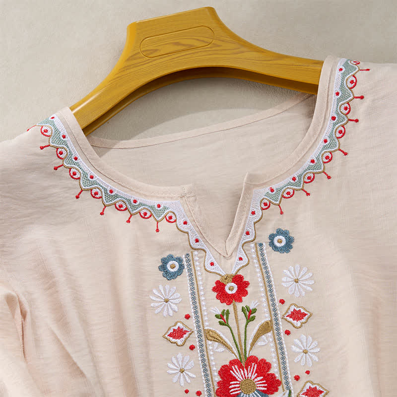 Buddha Stones Lente Boho Geborduurde T-shirts met Mouw tot de elleboog voor dames - image 15