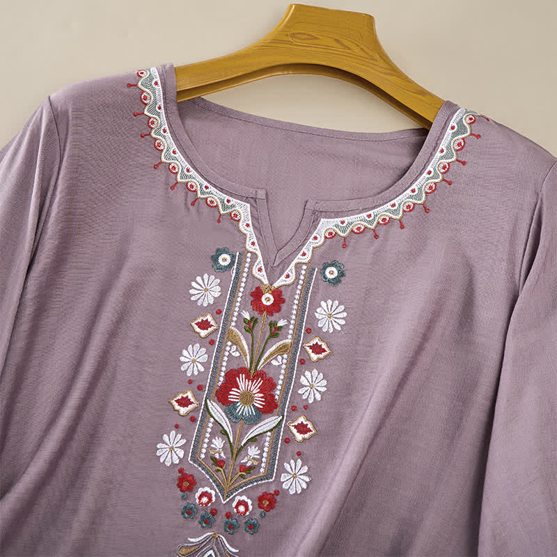 Buddha Stones Lente Boho Geborduurde T-shirts met Mouw tot de elleboog voor dames - image 9