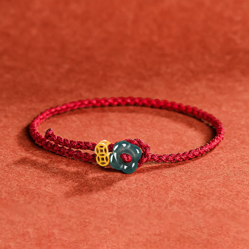 Buddha Stones Jade bloem geluk koperen munt rode koord Armband - Jade (Polsomtrek: 13-19 cm) - image 0