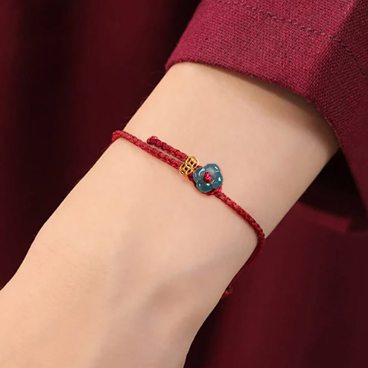 Buddha Stones Jade bloem geluk koperen munt rode koord Armband - image 8