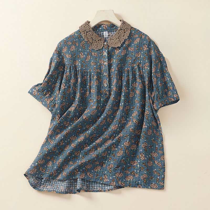Buddha Stones Dames katoenen shirt met korte mouwen en Mouwlengte aan de voorkant, bloemenprint. - CadetBlue - US8-10，UK/AU12-14，EU40-42 (2XL) - image 0