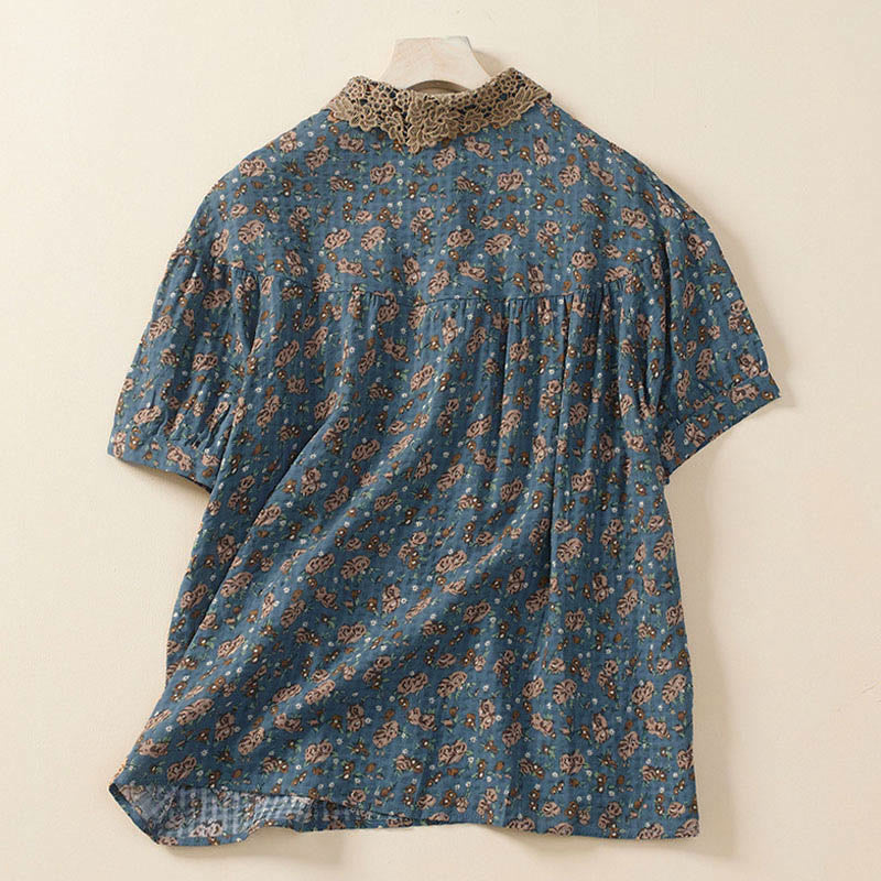 Buddha Stones Dames katoenen shirt met korte mouwen en Mouwlengte aan de voorkant, bloemenprint. - image 1