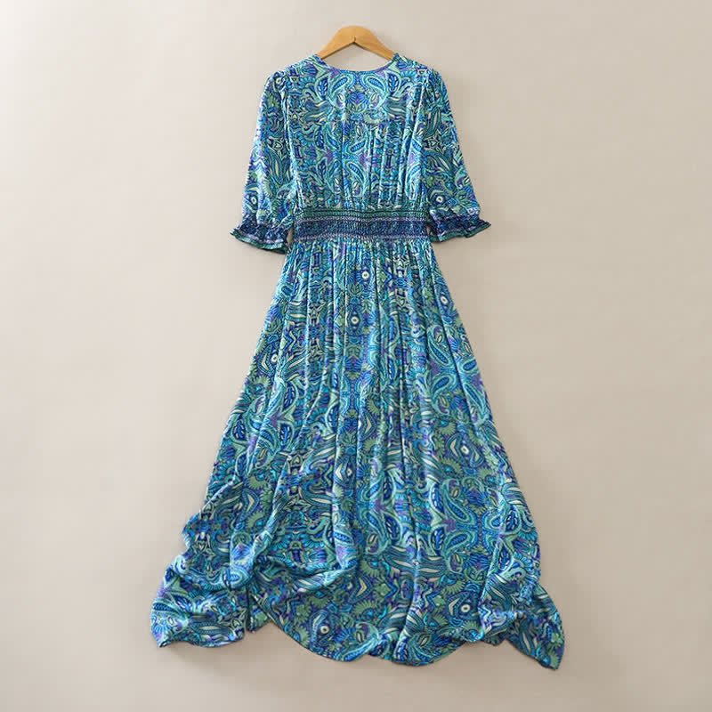Buddha Stones Zomerse Maxi Taille van viscose met pauwen- en paisleyprint, strikceintuur en pofmouwen. - image 1