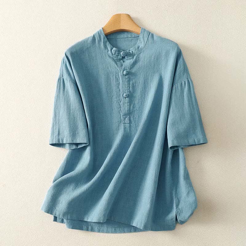 Buddha Stones Zomerse katoenen damesblouse met Korte mouw . - Lichtblauw - US8-10，UK/AU12-14，EU40-42 (2XL) - image 0