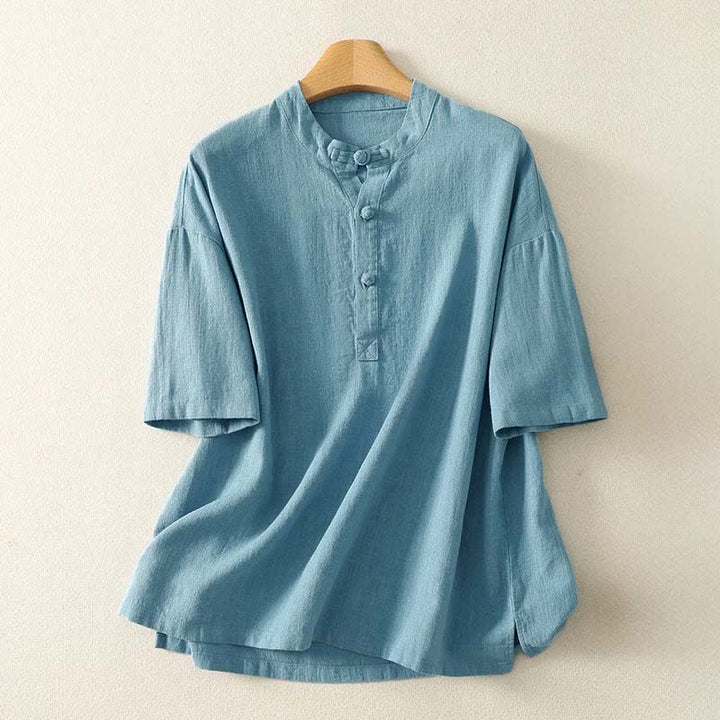 Buddha Stones Zomerse katoenen damesblouse met Korte mouw . - Lichtblauw - US8-10，UK/AU12-14，EU40-42 (2XL) - image 0