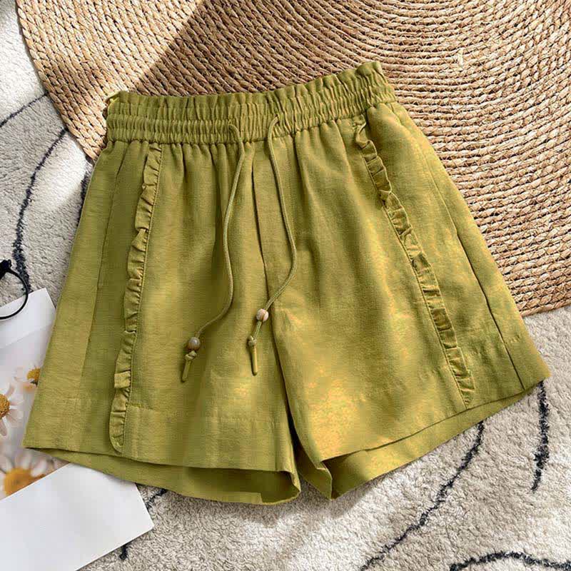 Buddha Stones Zomerse damesshorts met trekkoord, ruches, elastische Taille en Zakken - Olijfgroen - US8-10，UK/AU12-14，EU40-42 (2XL) - image 0