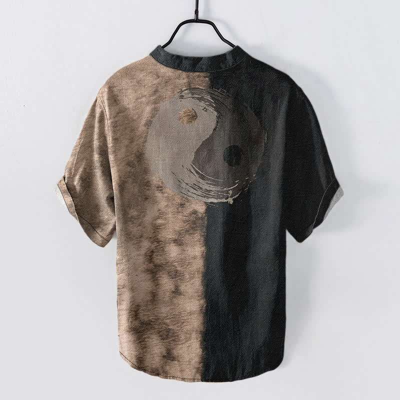 Buddha Stones Katoenen herenoverhemd met tweekleurige Taiji-inktprint , Korte mouw en halve knoopsluiting. - image 1