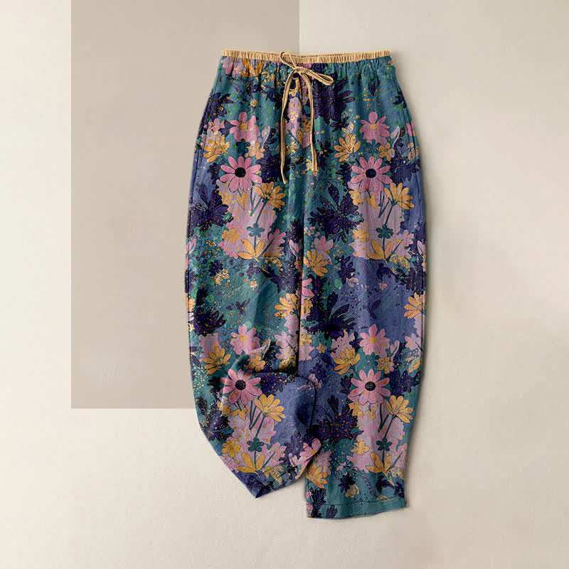 Buddha Stones Kleurrijke damesbroek van 100% Cotton met bloemenprint, elastische Taille en Zakken. - Donkerblauw - US16, UK/AU20, EU48 (3XL) - image 0