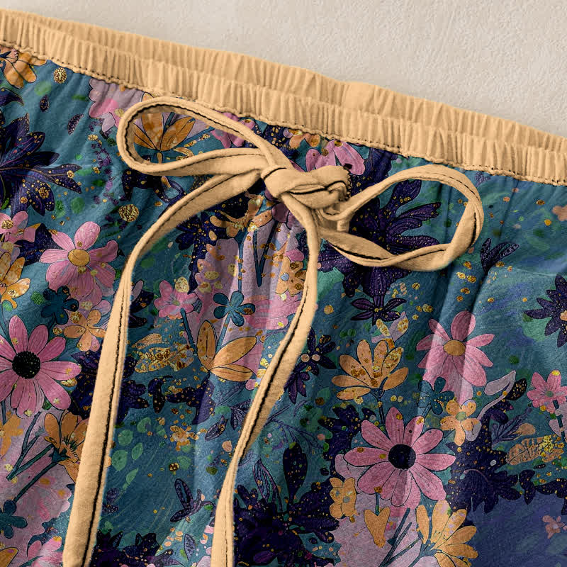 Buddha Stones Kleurrijke damesbroek van 100% Cotton met bloemenprint, elastische Taille en Zakken. - image 1