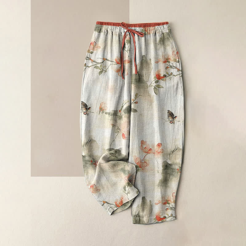 Buddha Stones Damesbroek van 100% Cotton met vlinder- en bloemenprint en Zakken . - Linnen - US16, UK/AU20, EU48 (3XL) - image 0