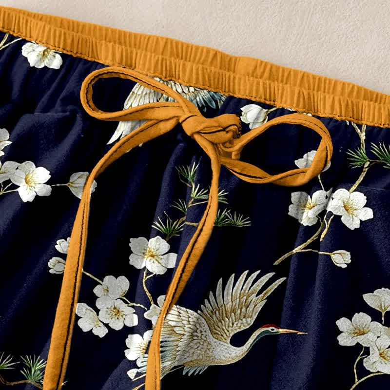 Buddha Stones Damesbroek van 100% Cotton met kraanvogel- en pruimenbloesemprint, elastische Taille en Zakken. - image 1