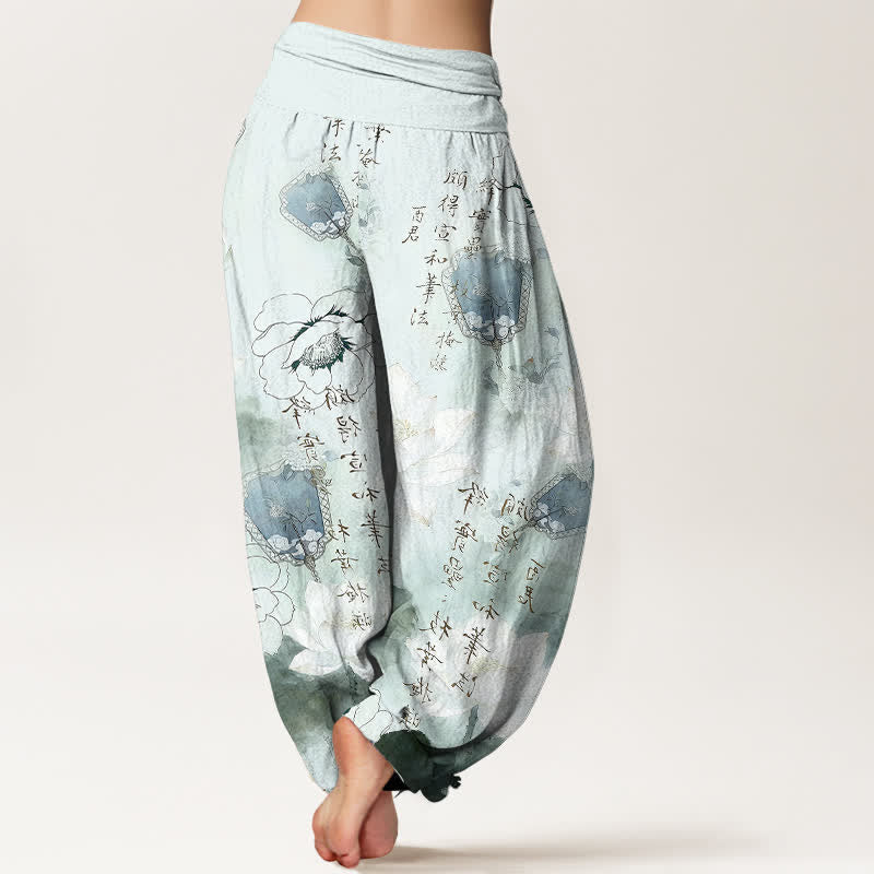 Buddha Stones Harembroek voor dames met elastische Taille, gemaakt van 100% Cotton met lotusbloemen en kalligrafie. - image 1