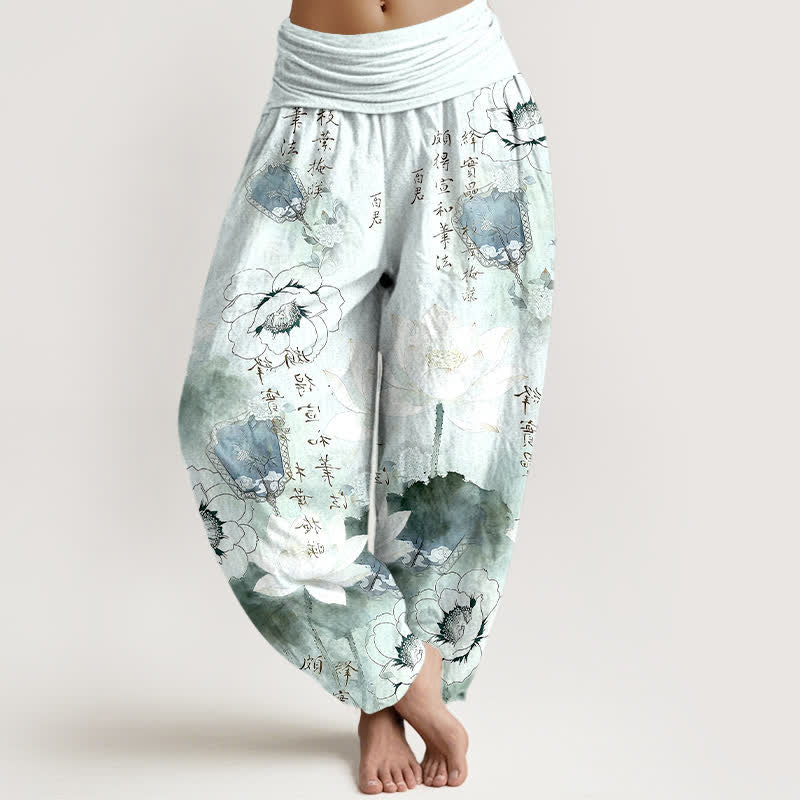 Buddha Stones Harembroek voor dames met elastische Taille, gemaakt van 100% Cotton met lotusbloemen en kalligrafie. - Lichtcyaan - US16, UK/AU20, EU48 (3XL) - image 0