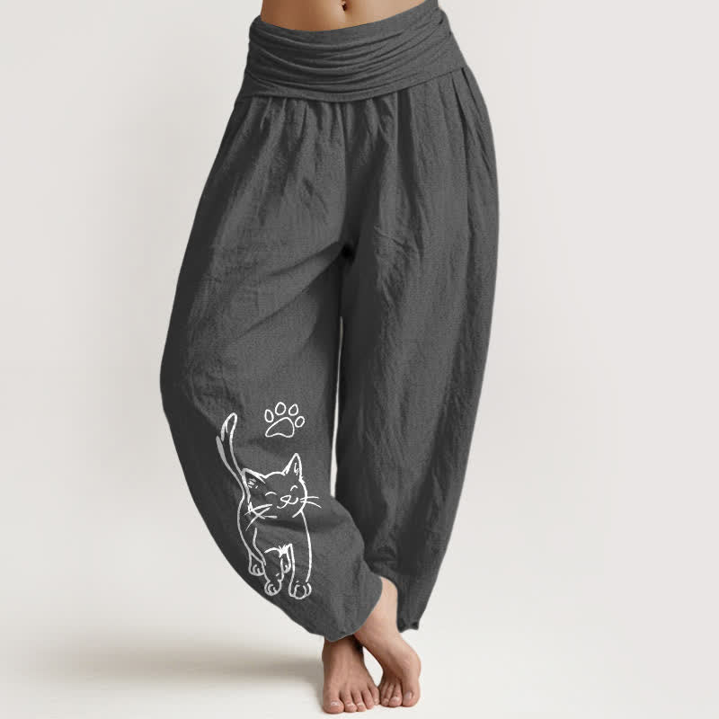 Buddha Stones Harembroek voor dames van 100% Cotton met schattige kattenprint en elastische Taille - Donkergrijs - US16, UK/AU20, EU48 (3XL) - image 0