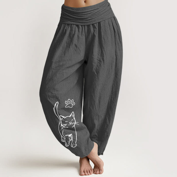 Buddha Stones Harembroek voor dames van 100% Cotton met schattige kattenprint en elastische Taille - Donkergrijs - US16, UK/AU20, EU48 (3XL) - image 0