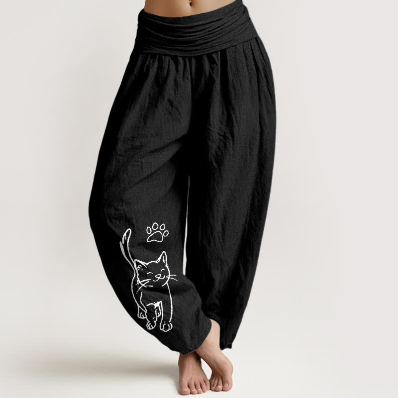 Buddha Stones Harembroek voor dames van 100% Cotton met schattige kattenprint en elastische Taille - Zwart - US22, UK/AU26, EU54 (6XL) - image 5